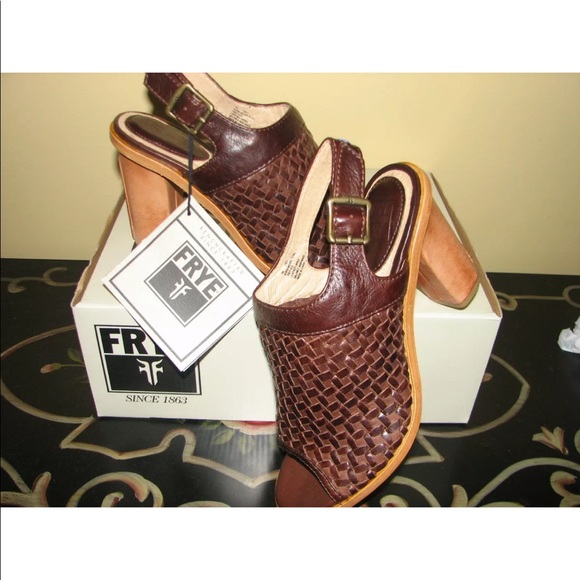 NIB BEAUTIFUL FRYE SOFIA 8.5 WOVEN DARK BROWN LEATHER SLING SANDALS BLOCK HEEL - Picture 7 of 8